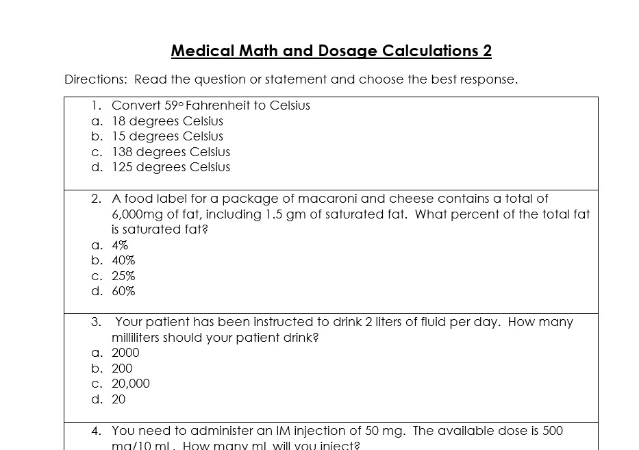 Med Math Practice Worksheets with Answers Pdf